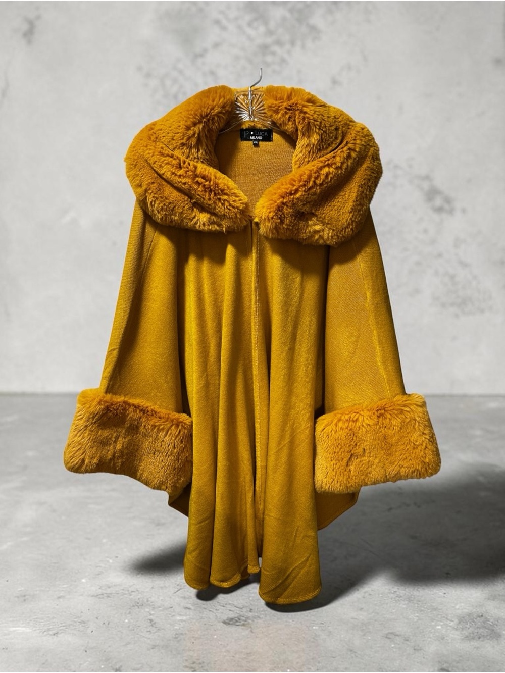 Vintage-Inspired Mustard Faux Fur Trim Cape